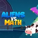 En tegneserie-ufo løfter en ko op med en traktorbjælke ved siden af en lade om natten med teksten Aliens vs Math i farverige bogstaver