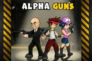 Tre figurer med våben, herunder en mand i jakkesæt, en mand med bandana og kvinde i hat, står i kampstilling under teksten ALPHA GUNS