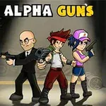 Tre figurer med våben, herunder en mand i jakkesæt, en mand med bandana og kvinde i hat, står i kampstilling under teksten ALPHA GUNS