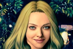Tegnet billede af en blond kvinde med blå øjne og et smil, omgivet af natur og lys i baggrunden