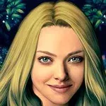 Tegnet billede af en blond kvinde med blå øjne og et smil, omgivet af natur og lys i baggrunden