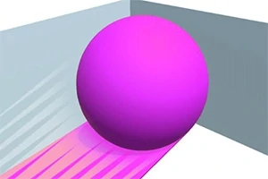En stor, lysende pink bold med en farvet stribe efter sig, bevæger sig mod en grå væg i et hjørne