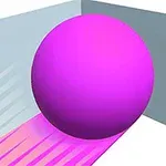 En stor, lysende pink bold med en farvet stribe efter sig, bevæger sig mod en grå væg i et hjørne