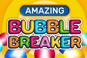 Farverig tekst Amazing Bubble Breaker med flerfarvede bobler omkring på en gul baggrund