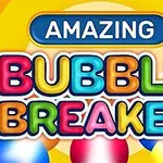 Farverig tekst Amazing Bubble Breaker med flerfarvede bobler omkring på en gul baggrund