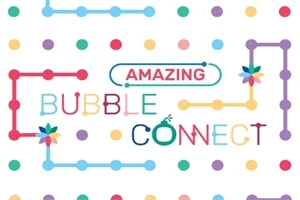 Farverigt mønster med prikker og linjer i forskellige farver samt teksten Amazing Bubble Connect