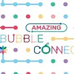 Farverigt mønster med prikker og linjer i forskellige farver samt teksten Amazing Bubble Connect