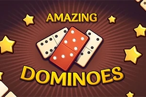Tre dominobrikker, én rød og to hvide, omgivet af stjerner på en brun baggrund med teksten Amazing Dominoes