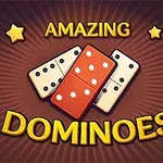 Tre dominobrikker, én rød og to hvide, omgivet af stjerner på en brun baggrund med teksten Amazing Dominoes