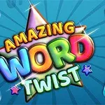 Farverig illustration med teksten Amazing Word Twist omgivet af bogstavfliser på en blå baggrund
