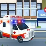 En ambulance med blå og røde lys kører foran et hospital med et tydeligt skilt