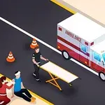 En ambulance holder ved siden af vejen med to kegler, mens en paramediciner med en båre nærmer sig to personer, hvoraf den ene er bandageret og sidder på jorden