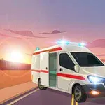 En ambulance med blinkende lys kører på en vej i solnedgangens lys