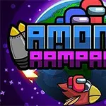Tegneseriefigurer i rummet med teksten Among Rampage foran en planetbaggrund
