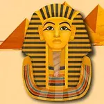 Maske af en egyptisk farao med to pyramider i baggrunden