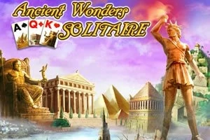 En farverig illustration med antikke bygninger og statuer, kort og teksten Ancient Wonders Solitaire