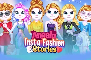 En illustration af seks animerede figurer i forskellige, farverige tøjstile med teksten Angela Insta Fashion Stories