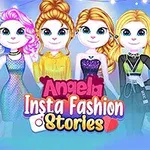 En illustration af seks animerede figurer i forskellige, farverige tøjstile med teksten Angela Insta Fashion Stories
