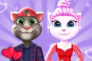 To animerede katte i festtøj, med lilla baggrund og hjerter