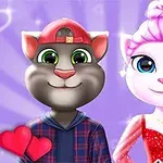 To animerede katte i festtøj, med lilla baggrund og hjerter