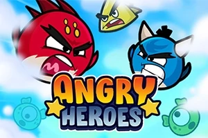 Tegneserie-illustration af tre vrede fugle med ansigter, der konfronterer hinanden i skyfuld baggrund, med teksten ANGRY HEROES i midten