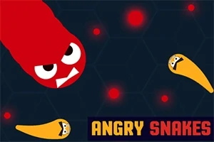 Store røde og gule slanger med vrede ansigter på en mørk baggrund med røde lysende prikker og teksten ANGRY SNAKES