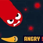 Store røde og gule slanger med vrede ansigter på en mørk baggrund med røde lysende prikker og teksten ANGRY SNAKES
