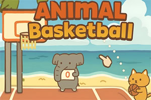 En tegneseriestil illustration med en elefant og en kat ved en basketballbane på stranden, med teksten ANIMAL Basketball øverst