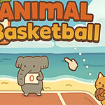 En tegneseriestil illustration med en elefant og en kat ved en basketballbane på stranden, med teksten ANIMAL Basketball øverst