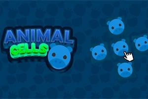 Tekst i neonstil med ANIMAL CELLS og en blå tegneseriecelle med flere lignende celler i baggrunden og en computerspilanvisning