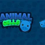 Tekst i neonstil med ANIMAL CELLS og en blå tegneseriecelle med flere lignende celler i baggrunden og en computerspilanvisning