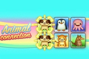 Farverige illustrationer af dyr, herunder en pingvin, blæksprutte, gepard, kænguru og to hunde i midten, med teksten Animal connection på en turkis baggrund