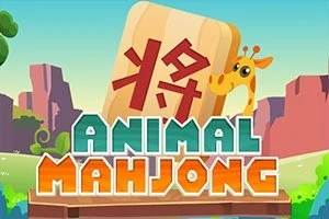 Tegning af en giraf ved siden af et stort brætspils-brik med kinesiske tegn, omgivet af farverige klipper og teksten Animal Mahjong i forgrunden