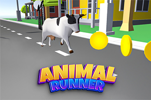 En ko løber ned ad en vej forbi mønter og huse i baggrunden med teksten Animal Runner i forgrunden
