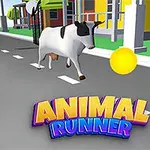 En ko løber ned ad en vej forbi mønter og huse i baggrunden med teksten Animal Runner i forgrunden