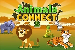 Elefanter, løver, slanger, zebraer og tigre på en solrig baggrund med teksten Animals Connect 2