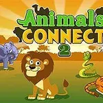 Elefanter, løver, slanger, zebraer og tigre på en solrig baggrund med teksten Animals Connect 2