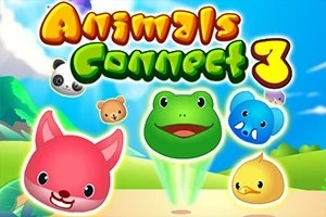 Søde, farverige dyreansigter som en frø, ræv og panda med teksten Animals Connect 3 på en blå himmelbaggrund