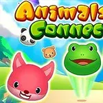 Søde, farverige dyreansigter som en frø, ræv og panda med teksten Animals Connect 3 på en blå himmelbaggrund
