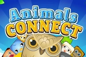 En tegnefilmsugle omgivet af forskellige dyreansigter med teksten Animals Connect i blå og gul skrift