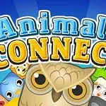En tegnefilmsugle omgivet af forskellige dyreansigter med teksten Animals Connect i blå og gul skrift
