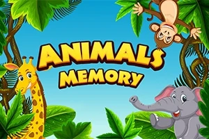 Tegning af en jungle med en glad giraf, abe og elefant omgivet af grønne blade og teksten Animals Memory