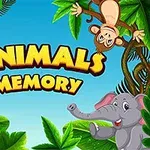 Tegning af en jungle med en glad giraf, abe og elefant omgivet af grønne blade og teksten Animals Memory
