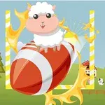En tegneserieagtig får sidder på en stor amerikansk fodbold omgivet af sprøjtende gul maling i et landskab med træer og et lille hus i baggrunden
