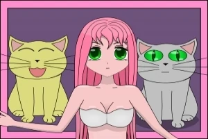 En animepige med lyserødt hår og grønne øjne står mellem to tegnede katte, en gul glad kat og en grå alvorlig kat, foran en lilla baggrund med en lyserød ramme