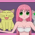 En animepige med lyserødt hår og grønne øjne står mellem to tegnede katte, en gul glad kat og en grå alvorlig kat, foran en lilla baggrund med en lyserød ramme