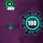 Rumskib skyder mod cirkulære objekter med numre på lilla baggrund