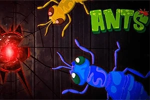 To tegneserieagtige myrer, en gul og en blå, nærmer sig et rødt lysskær, med teksten ANTS i grøn øverst til højre