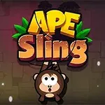 Titeltekst med ordet Ape Sling og en illustration af en abe, der ser overrasket ud, med en mørk baggrund og små lyse prikker