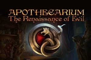 En mørk scene med en gylden drageemblem i centrum og teksten APOTHECARIUM The Renaissance of Evil øverst